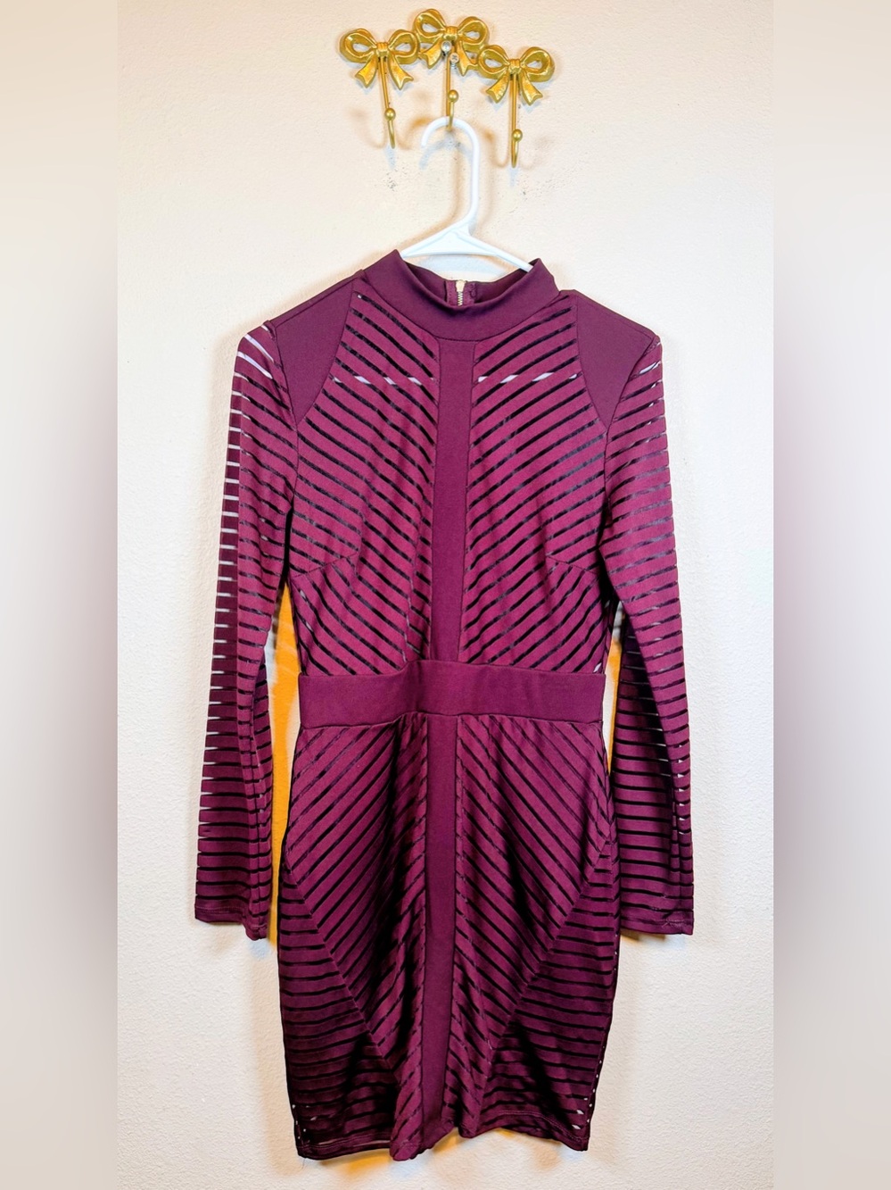 Iris Burgundy Long Sleeve Sheer Stripe Bodycon Dress. Size M